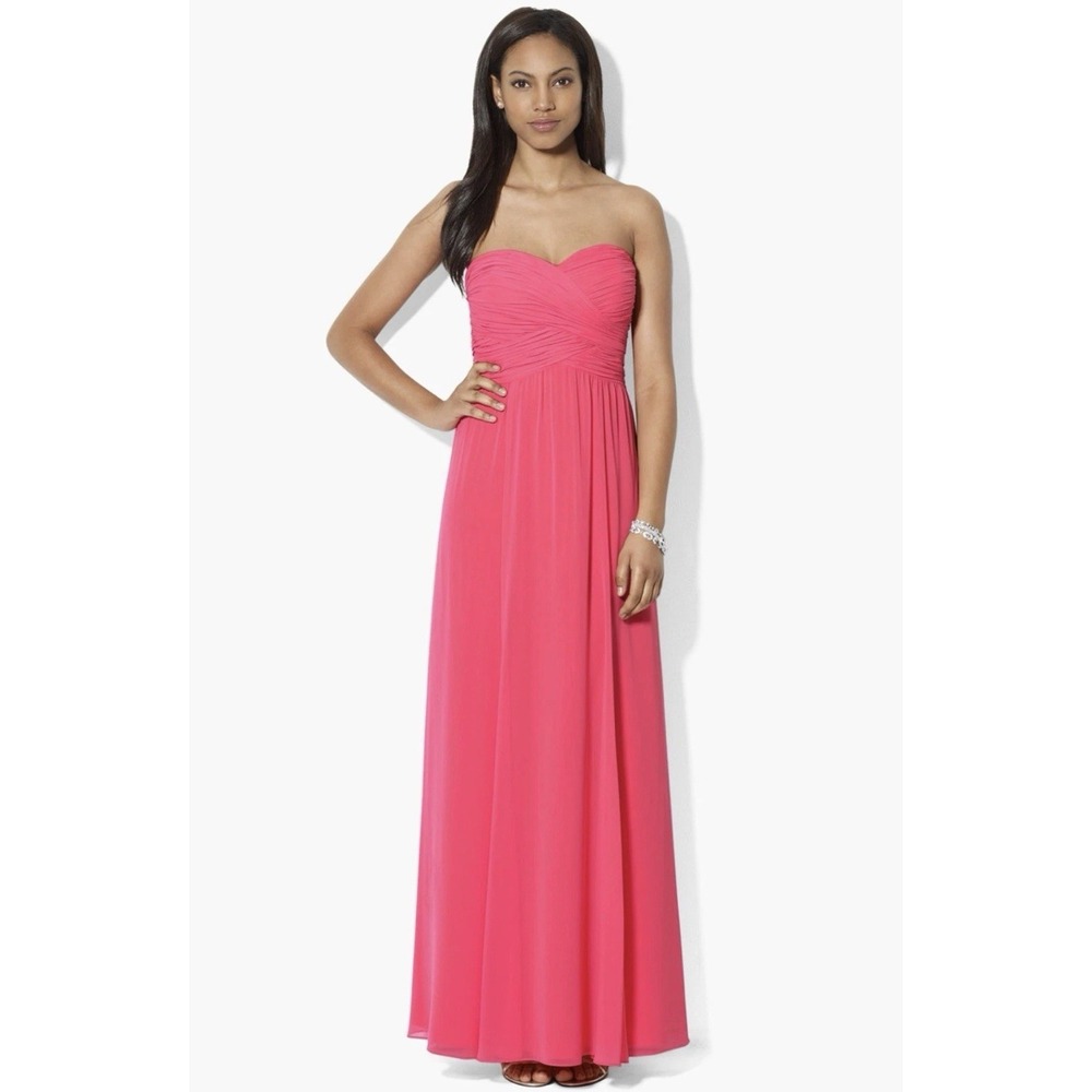Lauren Ralph Lauren Coral Pink Chiffon Strapless Sweetheart Formal Gown Size 8